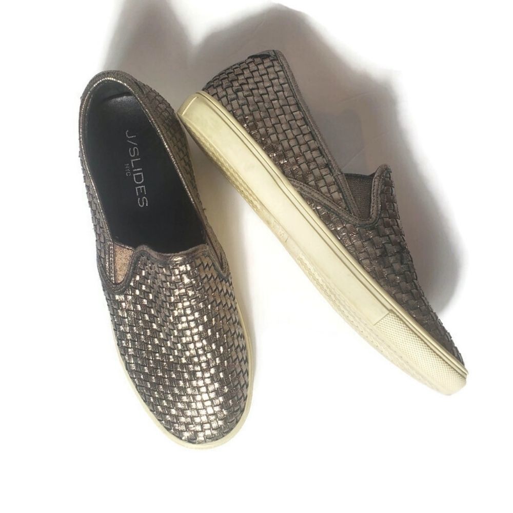 J Slides Flynn Woven Metallic Silver Leather Slip-On Low Top Shoe Women's Size 6